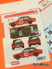 Studio27: Marking / livery 1/24 scale - Ford Escort RS1600 Mk I Alan Mann Racing Team #16, 34 - Frank Gardner (AU) - British Touring Car Championship - BTCC 1968 - water slide decals and placement instructions - for Belkits references BEL006, BEL-006, BEL007 and BEL-007 image