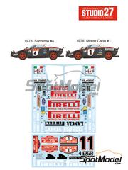 Studio27: Marking / livery 1/12 scale - Lancia Stratos HF Group 4 sponsored by Pirelli #1, 4 - Sandro Munari (IT) + Piero Sodano (IT), Markku Alén (FI) + Ilkka Kivimäki (FI) - Monte Carlo Rally - Rallye Automobile de Monte-Carlo, Sanremo Rally 1978 - water slide decals and assembly instructions - for Italeri reference 4714 image