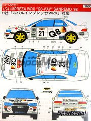 Studio27: Marking / livery 1/24 scale - Subaru Impreza WRX Procar Rally  Team sponsored by Q8 #21 - Andrea Navarra (IT) + Renzo Casazza (IT) - Sanremo Rally 1998 - water slide decals and placement instructions - for Hasegawa references 20297, 20436, 20574, 25017, CR-17, 25063, CR-103, 25068, CR-108, 51151 and CH51
