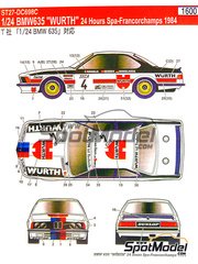 Studio27: Marking / livery 1/24 scale - BMW 635 Csi sponsored by Wurth #4 - Roberto Ravaglia (IT) + Gerhard Berger (AT) + Manfred Winkelhock (DE) - 24 Hours SPA Francorchamps 1984 - water slide decals and assembly instructions - for Tamiya reference TAM24322