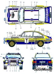 Studio27: Marking / livery 1/24 scale - Ford Escort MK. II RS1800 sponsored by Rothmans #1 - Bjrn Waldegrd (SE) + Hans Thorszelius (SE) - Acropolis Rally 1979 - water slide decals, assembly instructions and tobacco sponsor decals - for Italeri references 3650, IT3650, ITA3650 and 3655, or Revell references REV07374 and 7374