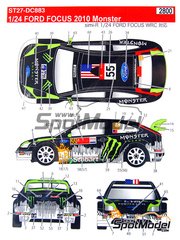 Studio27: Marking / livery 1/24 scale - Ford Focus WRC RS10 sponsored by Monster #43, 55 - Ken Block (US) + Alessandro Gelsomino (IT) - ADAC Deutschland Rally, Mexico Rally 2010 - water slide decals and placement instructions - for SimilR reference SIMILR-121001