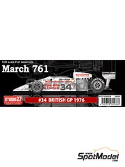 Studio27: Car scale model kit 1/20 scale - March 761 sponsored by MacConnal-Mason Fine Paintings #34 - Hans-Joachim Stuck (DE) - British Formula 1 Grand Prix 1976 - photo-etched parts, resin parts, rubber parts, seatbelt fabric, turned metal parts, vacuum formed parts, water slide decals, white metal parts, other materials, assembly instructions and painting instructions image