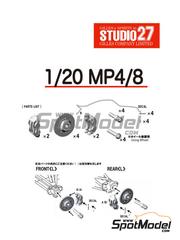 Studio27: Frenos escala 1/20 - McLaren Ford MP4/8 - calcas de agua, piezas de metal blanco y manual de instrucciones - para las referencias de Tamiya TAM20039 y TAM25172