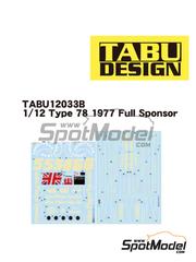 Tabu Design: Marking / livery 1/12 scale - Lotus Ford Type 78 Lotus Team sponsored by John Player Special - Formula 1 World Championship 1977 - water slide decals and tobacco sponsor decals - for Tamiya references TAM12022, BS1222 and TAM12037