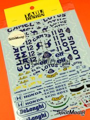 Tabu Design: Marking / livery 1/20 scale - Lotus Honda 99T Lotus Team sponsored by Camel #11, 12 - Satoru Nakajima (JP), Ayrton Senna da Silva (BR) - FIA Formula 1 World Championship 1987 - water slide decals, assembly instructions and tobacco sponsor decals - for Tamiya references TAM20020 and TAM20057