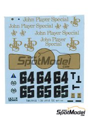 Tabu Design: Marking / livery 1/20 scale - Lotus Ford Type 72E Lotus Team sponsored by John Player Special #64, 65, 66 - Emerson Fittipaldi (BR), Ronnie Peterson (SE) - FIA Formula 1 World Championship - water slide decals - for Ebbro reference EBR20009