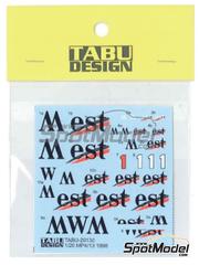 Tabu Design: Marking / livery 1/20 scale - McLaren Mercedes MP4/13 McLaren Racing Limited Team sponsored by West - FIA Formula 1 World Championship 1998 - water slide decals and tobacco sponsor decals - for Tamiya references TAM20046, TAM20047 and TAM89718