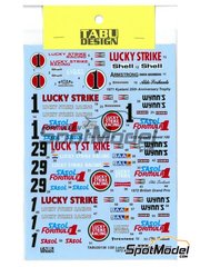 Tabu Design: Marking / livery 1/20 scale - Lotus Ford 72D Lotus Team sponsored by Lucky Strike #1, 29 - Dave Charlton (ZA) - British Formula 1 Grand Prix, Kyalami Rand Spring Thophy 1971, 1972 and 1973 - water slide decals and assembly instructions - for Ebbro reference EBR20009