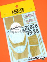 Tabu Design: Marking / livery 1/20 scale - Lotus Ford Type 49C Lotus Team Team sponsored by Gold Leaf #3, 8, 28 - Formula 1 World Championship 1970 - water slide decals - for Ebbro reference EBR20006