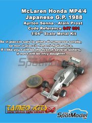Tameo Kits: Car scale model kit 1/64 scale - McLaren Honda MP4/4 McLaren Racing Limited Team sponsored by Marlboro #11, 12 - Ayrton Senna da Silva (BR), Alain Prost (FR) - Japanese Formula 1 Grand Prix 1998 - photo-etched parts, turned metal parts, water slide decals, white metal parts, assembly instructions and tobacco sponsor decals