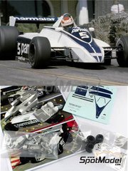 Tameo Kits: Car scale model kit 1/43 scale - Brabham Ford BT49 Brabham Racing Organisation Team sponsored by Parmalat #5, 6 - Nelson Piquet (BR), Ricardo Zunino (AR) - USA West Long Beach Formula 1 Grand Prix 1980 - metal parts, photo-etched parts, rubber parts, turned metal parts, water slide decals, white metal parts and assembly instructions image