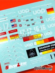 Tameo Kits: Decoraci�n escala 1/43 - Shadow Ford DN5 patrocinado por UOP N� 16, 17 - Tom Pryce (GB), Jean-Pierre Jarier (FR) - Gran Premio de F�rmula 1 de Italia 1975 - calcas de agua - para la referencia de Tameo Kits SLK017
