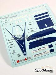 Tameo Kits: Marking / livery 1/43 scale - Brabham Ford BT49C Brabham Racing Organisation Team sponsored by Parmalat #5, 6 - Nelson Piquet (BR), Hector Rebaque (MX) - German Formula 1 Grand Prix 1981 - water slide decals - for Tameo Kits reference SLK067