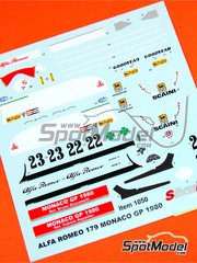 Tameo Kits: Marking / livery 1/43 scale - Alfa Romeo 179 sponsored by Marlboro #22, 23 - Bruno Giacomelli (IT), Patrick Depailler (FR) - Monaco Formula 1 Grand Prix 1980 - water slide decals and tobacco sponsor decals - for Tameo Kits reference SLK079 image