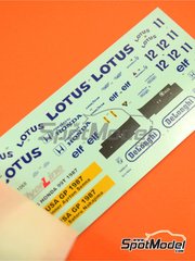 Tameo Kits: Marking / livery 1/43 scale - Lotus Honda 99T Lotus Team sponsored by Camel #11, 12 - Ayrton Senna da Silva (BR), Satoru Nakajima (JP) - USA - United States of America Formula 1 Grand Prix 1987 - water slide decals and tobacco sponsor decals - for Tameo Kits reference SLK097