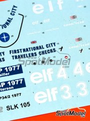 Tameo Kits: Decoracin escala 1/43 - Tyrrell Ford P34/2 Equipo Tyrrell Racing patrocinado por ELF N 3, 4 - Patrick Depailler (FR), Ronnie Peterson (SE) - Gran Premio de Frmula 1 de Japn 1977 - calcas de agua - para la referencia de Tameo Kits SLK105