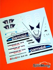 Tameo Kits: Marking / livery 1/43 scale - Brabham Ford BT49 Brabham Racing Organisation Team sponsored by Parmalat #5, 6 - Ricardo Zunino (AR), Niki Lauda (AT), Nelson Piquet (BR) - Canadian Formula 1 Grand Prix 1979 - water slide decals - for Tameo Kits reference SLK110 image