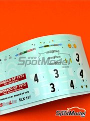 Tameo Kits: Decoracin escala 1/43 - Ferrari 312B3 Equipo Scuderia Ferrari patrocinado por Shell N 3, 4 - Jacques Bernard 'Jacky' Ickx (BE), Arturo Merzario (IT) - Gran Premio de Formula 1 de Mnaco 1973 - calcas de agua - para la referencia de Tameo Kits SLK117