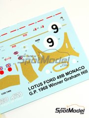 Tameo Kits: Marking / livery 1/43 scale - Lotus Ford Type 49B Lotus Team sponsored by Gold Leaf - Graham Hill (GB) - Monaco Formula 1 Grand Prix 1968 - water slide decals - for Tameo Kits reference WCT068