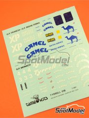 Tameo Kits: Decoraci�n escala 1/43 - Tyrrell Cosworth 018 Equipo Tyrrell Racing patrocinado por Camel N� 3, 4 - Jean Alesi (FR), Jonathan Palmer (GB) - Gran Premio de F�rmula 1 de Francia 1989 - calcas de agua - para la referencia de Tameo Kits TMK111