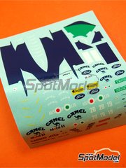 Tameo Kits: Decoracin escala 1/43 - Benetton Ford B190b Equipo Benetton Formula Ltd patrocinado por Camel N 19, 20 - Roberto Moreno (BR), Nelson Piquet (BR) - Gran Premio de Frmula 1 de los Estados Unidos de Amrica 1991 - calcas de agua - para la referencia de Tameo Kits TMK139
