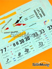 Tameo Kits: Decoraci�n escala 1/43 - McLaren Ford M23 Equipo McLaren Racing Limited patrocinado por Yardley N� 7, 8, 30 - Jody Scheckter (ZA), Denis Clive 'Denny' Hulme (NZ) - Gran Premio de F�rmula 1 de Inglaterra 1973 - calcas de agua - para la referencia de Tameo Kits TMK220