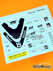 Tameo Kits: Marking / livery 1/43 scale - Renault RS01 Turbo Renault F1 Team sponsored by ELF #15 - Jean-Pierre Jabouille (FR) - British Formula 1 Grand Prix 1977 - water slide decals - for Tameo Kits reference TMK381