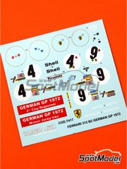 Tameo Kits: Marking / livery 1/43 scale - Ferrari 312 B2 Scuderia Ferrari Team sponsored by Shell #4, 9 - Jacques Bernard 'Jacky' Ickx (BE), Clay Regazzoni (CH) - German Formula 1 Grand Prix 1972 - water slide decals - for Tameo Kits reference TMK402 image
