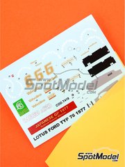 Tameo Kits: Decoracin escala 1/43 - Lotus Ford Type 78 Equipo Lotus patrocinado por Imperial International N 6 - Gunnar Nilsson (SE) - Gran Premio de Frmula 1 de Japn 1977 - calcas de agua y calcas de sponsors de tabaco - para la referencia de Tameo Kits TMK403