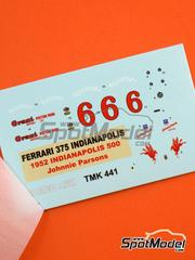 Tameo Kits: Decoracin escala 1/43 - Ferrari 375 Indianapolis patrocinado por Grant Piston Ring N 6 - Johnnie Parsons (US) - 500 Millas de Indianapolis 1952 - calcas de agua - para la referencia de Tameo Kits TMK441