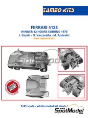 Tameo Kits: Car scale model kit 1/43 scale - Ferrari 512S Ferrari SPA Team #21 - Ignazio Giunti (IT) + Nino Vaccarella (IT) + Mario Andretti (US) - 12 Hours Sebring 1970 - metal parts, photo-etched parts, rubber parts, turned metal parts, vacuum formed parts, water slide decals, white metal parts, other materials, assembly instructions and painting instructions