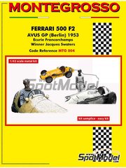 Tameo Kits: Car scale model kit 1/43 scale - Ferrari 500 F2 Ecurie Francorchamps Team #18 - Jacques Swaters (BE) - Avus Grand Prix Berlin 1953 - metal parts, photo-etched parts, rubber parts, turned metal parts, water slide decals, white metal parts, assembly instructions and painting instructions image