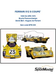 Tameo Kits: Car scale model kit 1/43 scale - Ferrari 512S Ecurie Francorchamps Team #23 - Derek Bell (GB), Hugues de Fierlant (BE) - SPA Francorchamps 1000 Kms  1970 - metal parts, photo-etched parts, rubber parts, turned metal parts, vacuum formed parts, water slide decals, white metal parts, other materials, assembly instructions and painting instructions