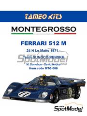 Tameo Kits: Car scale model kit 1/43 scale - Ferrari 512M Penske Team sponsored by Sunoco #11 - Mark Donohue (US) + David Hobbs (GB) - 24 Hours Le Mans 1971 - metal parts, photo-etched parts, rubber parts, vacuum formed parts, water slide decals, white metal parts, other materials, assembly instructions and painting instructions image
