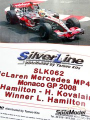 Tameo Kits: Car scale model kit 1/43 scale - McLaren MP4/23 McLaren Racing Limited Team sponsored by Vodafone #22, 23 - Lewis Hamilton (GB), Heikki Kovalainen (FI) - Monaco Formula 1 Grand Prix 2008 - photo-etched parts, turned metal parts, water slide decals, white metal parts and assembly instructions