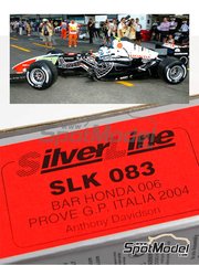 Tameo Kits: Car scale model kit 1/43 scale - BAR Honda 006 British American Racing Team sponsored by Lucky Strike #35 - Anthony Davidson (GB) - Italian Formula 1 Grand Prix 2004 - photo-etched parts, turned metal parts, water slide decals, white metal parts, assembly instructions and tobacco sponsor decals