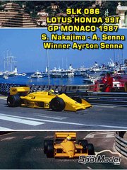Tameo Kits: Car scale model kit 1/43 scale - Lotus Honda 99T Lotus Team sponsored by DeLonghi #11, 12 - Satoru Nakajima (JP), Ayrton Senna da Silva (BR) - Monaco Formula 1 Grand Prix, San Marino Formula 1 Grand Prix 1987 - photo-etched parts, turned metal parts, water slide decals, white metal parts, assembly instructions and tobacco sponsor decals