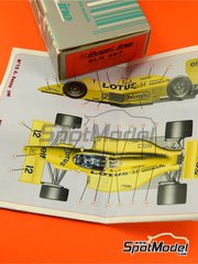 Tameo Kits: Car scale model kit 1/43 scale - Lotus Honda 99T Lotus Team sponsored by Camel #11, 12 - Ayrton Senna da Silva (BR), Satoru Nakajima (JP) - USA - United States of America Formula 1 Grand Prix 1987 - photo-etched parts, turned metal parts, water slide decals, white metal parts, assembly instructions and tobacco sponsor decals