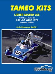 Tameo Kits: Maqueta de coche escala 1/43 - Ligier Matra JS5 Equipo Equipe Ligier patrocinado por Gitanes N 26 - Jacques Laffite (FR) - Gran Premio de Frmula 1 de USA West Long Beach 1976 - fotograbados, piezas de goma, piezas de metal torneado, calcas de agua, piezas de metal blanco, manual de instrucciones y calcas de sponsors de tabaco