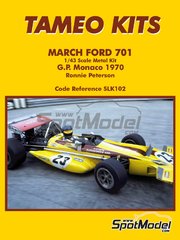Tameo Kits: Maqueta de coche escala 1/43 - March Ford 701 patrocinado por Antique Automobiles Ltd N 23 - Ronnie Peterson (SE) - Gran Premio de Formula 1 de Mnaco 1970 - fotograbados, piezas de goma, piezas de metal torneado, piezas vacuformadas, calcas de agua, piezas de metal blanco, otros materiales y manual de instrucciones