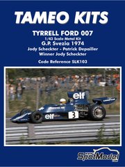 Tameo Kits: Maqueta de coche escala 1/43 - Tyrrell Ford 007 Equipo Tyrrell Racing patrocinado por ELF N 3, 4 - Jody Scheckter (ZA), Patrick Depailler (FR) - Gran Premio de Formula 1 de Suecia 1974 - piezas de metal, fotograbados, piezas de goma, piezas de metal torneado, calcas de agua, piezas de metal blanco, manual de instrucciones e instrucciones de pintado