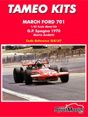 Tameo Kits: Maqueta de coche escala 1/43 - March Ford 701 patrocinado por STP N 18 - Mario Andretti (US) - Gran Premio de Frmula 1 de Espaa 1970 - fotograbados, piezas de goma, piezas vacuformadas, calcas de agua, piezas de metal blanco, manual de instrucciones e instrucciones de pintado