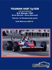 Tameo Kits: Car scale model kit 1/43 scale - Toleman Hart TG183B Toleman Motorsport Team sponsored by Candy Magirus - Derek Warwick (GB), Bruno Giacomelli (IT) - Dutch Formula 1 Grand Prix 1983 - metal parts, photo-etched parts, rubber parts, turned metal parts, vacuum formed parts, water slide decals, white metal parts and assembly instructions image