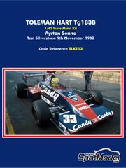 Tameo Kits: Maqueta de coche escala 1/43 - Toleman Hart TG183B Equipo Toleman Motorsport patrocinado por Candy Magirus - Ayrton Senna da Silva (BR) - Test en Silverstone 1983 - piezas de metal, fotograbados, piezas de goma, piezas de metal torneado, piezas vacuformadas, calcas de agua, piezas de metal blanco, manual de instrucciones e instrucciones de pintado