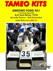 Tameo Kits: Car scale model kit 1/43 scale - Arrows Ford FA1 Arrows Grand Prix International Team sponsored by Warsteiner #35, 36 - Riccardo Patrese (IT), Rolf Stommelen (DE) - South African Formula 1 Grand Prix 1978 - metal parts, photo-etched parts, rubber parts, water slide decals, white metal parts, assembly instructions and painting instructions image