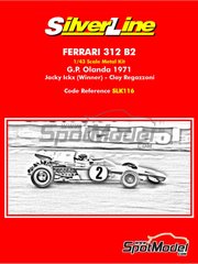 Tameo Kits: Car scale model kit 1/43 scale - Ferrari 312 B2 #2, 3 - Jacques Bernard 'Jacky' Ickx (BE), Clay Regazzoni (CH) - Dutch Formula 1 Grand Prix 1971 - metal parts, photo-etched parts, rubber parts, turned metal parts, water slide decals, white metal parts, other materials, assembly instructions, painting instructions and tobacco sponsor decals image