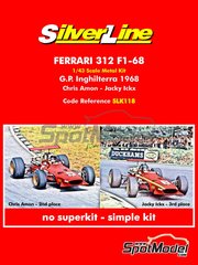 Tameo Kits: Maqueta de coche escala 1/43 - Ferrari 312 F1 N 5, 6 - Chris Amon (NZ), Jacques Bernard 'Jacky' Ickx (BE) - Gran Premio de Frmula 1 de Inglaterra 1968 - fotograbados, piezas de goma, calcas de agua, piezas de metal blanco, manual de instrucciones e instrucciones de pintado
