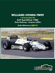 Tameo Kits: Car scale model kit 1/43 scale - Williams Honda FW09 Williams Grand Prix Engineering Team sponsored by TAG Denim #1, 2 - Keijo Erik 'Keke' Rosberg (FI), Jacques Laffite (FR) - South African Formula 1 Grand Prix 1983 - metal parts, photo-etched parts, rubber parts, turned metal parts, vacuum formed parts, water slide decals, white metal parts, assembly instructions and painting instructions image