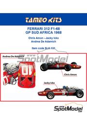 Tameo Kits: Maqueta de coche escala 1/43 - Ferrari 312 F1-68 Equipo Scuderia Ferrari N 8, 9, 10 - Chris Amon (NZ), Jacques Bernard 'Jacky' Ickx (BE), Andrea de Adamich (IT) - Gran Premio de Frmula 1 de Sudfrica 1968 - piezas de metal, fotograbados, piezas de goma, piezas de metal torneado, piezas vacuformadas, calcas de agua, piezas de metal blanco, otros materiales, manual de instrucciones, instrucciones de pintado y calcas de sponsors de tabaco